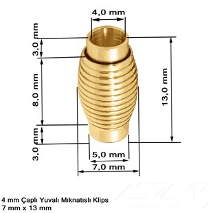 Klips - Mıknatıslı, Yivli Silindirik - Yuvalı ve Altın Kaplamalı - 4 mm / 1 Adet