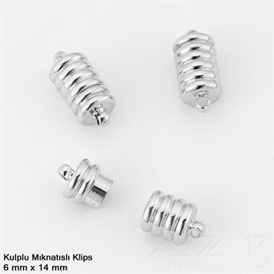 Klips - Mıknatıslı - Kulplu, Yivli Silindir,  Rodyum Kaplamalı - 14 mm / 1 Adet