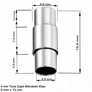 Klips - Mıknatıslı, Silindirik - Yuvalı ve Rodyum Kaplamalı - 4 mm / 1 Adet