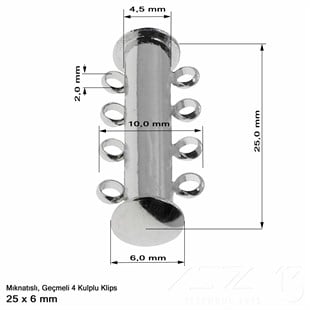 Klips - Mıknatıslı ve Kızaklı - Dört Kulplu, Rodyum Kaplamalı - 25 mm / 1 Adet