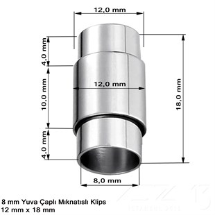 Klips - Mıknatıslı, Silindirik - Yuvalı ve Rodyum Kaplamalı - 8 mm / 1 Adet