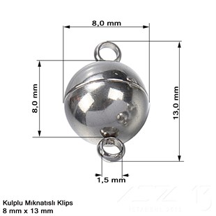 Klips - Mıknatıslı - Kulplu, Top, 316L Çelik - 8 mm / 1 Adet