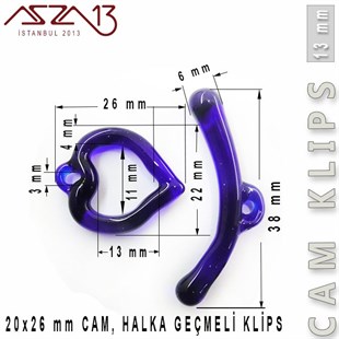 Sapphire, 13 mm, Cam Geçmeli Kalp Klips / Paket İçeriği 1 Adet
