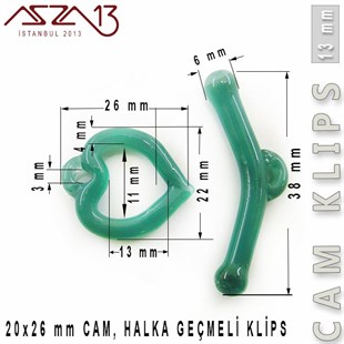Turkuaz, 13 mm, Cam Geçmeli Kalp Klips / Paket İçeriği 1 Adet