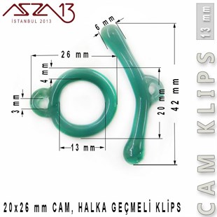 Turkuaz, 13 mm, Cam Geçmeli Klips / Paket İçeriği 1 Adet