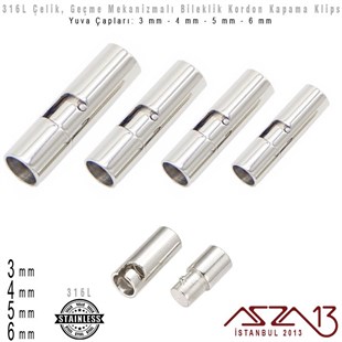 316L Çelik - 3,4,5 ve 6  mm Yuva Çaplı Kordon Kapama Kilit / 1 Adet