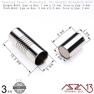 316L Çelik Mıknatıslı Kilit (Klips) - 3 mm Yuvalı 15 ve 15,5 x 5 ve 7 mm / 1 Adet
