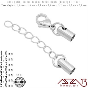 316L Çelik Kapsül Kapama Kilit (Klips) Seti - 1,0/1,5/2,2/2,6/3,2/4,0/5,0 mm Yuva Çaplı / 1 Set