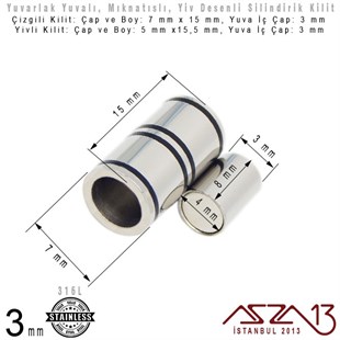 316L Çelik Mıknatıslı Kilit (Klips) - 3 mm Yuvalı 15 ve 15,5 x 5 ve 7 mm / 1 Adet