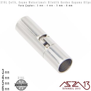 316L Çelik - 3,4,5 ve 6  mm Yuva Çaplı Kordon Kapama Kilit / 1 Adet