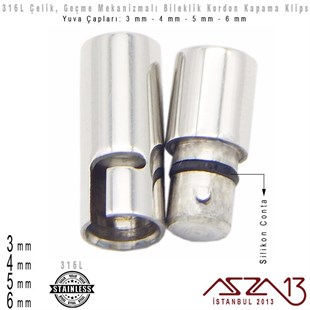 316L Çelik - 3,4,5 ve 6  mm Yuva Çaplı Kordon Kapama Kilit / 1 Adet