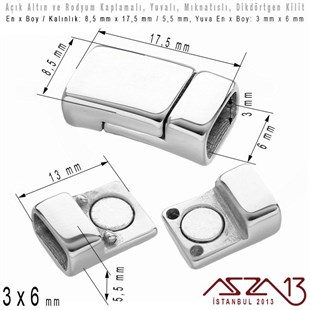 Açık Altın ve Rodyum Kaplama Mıknatıslı Kilit (Klips) - 3x6 mm Yuvalı 17,5 x 8,5 mm / 1 Adet