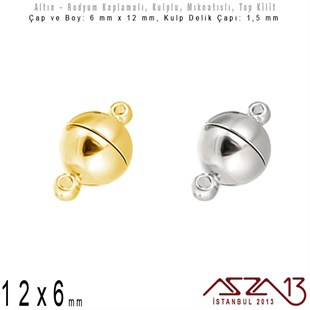 Altın ve Rodyum Kaplama Mıknatıslı Top Kilit (Klips) - Kulplu 12 x 6 mm / 1 Adet