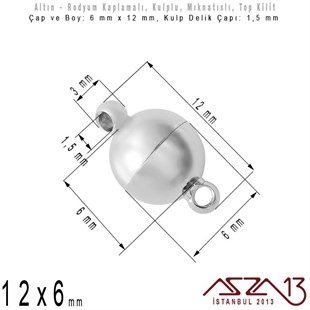 Altın ve Rodyum Kaplama Mıknatıslı Top Kilit (Klips) - Kulplu 12 x 6 mm / 1 Adet