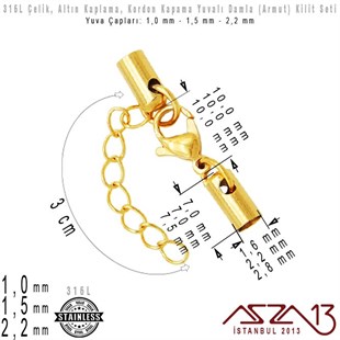 Altın Kaplamalı 316L Çelik Kapsül Kapama Kilit (Klips) Seti - 1,0/1,5/2,2 mm Yuva Çaplı / 1 Set