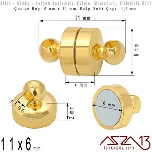Altın, Gümüş ve Rodyum Kaplama Mıknatıslı Kilit (Klips) - Kulplu 11 x 6 mm / 1 Adet