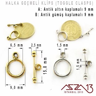 Antik Altın ve Gümüş Kaplamalı, 9 mm Halka Geçmeli Kilit / Paket İçeriği 1 Set