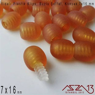 Plastik Vidalı Boncuk Kilit (Klips) - Şeffaf Buzlu Konyak - 16x7 mm / 1 Adet