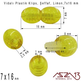 Plastik Vidalı Boncuk Kilit (Klips) - Şeffaf Limon - 16x7 mm / 1 Adet