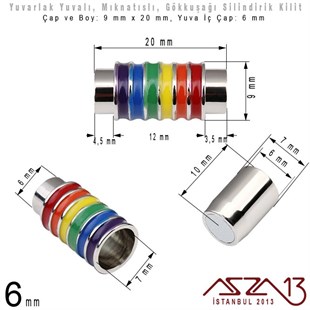 Rodyum Kaplama Mıknatıslı Kilit (Klips) - Gökkuşağı - 6 mm Yuvalı 20x9 mm / 1 Adet