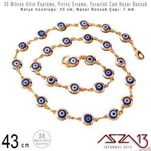 30 Mikron Altın Kaplama - Pirinç ve Cam Malzeme - 43 cm Klipsli Nazar Boncuk Kolye