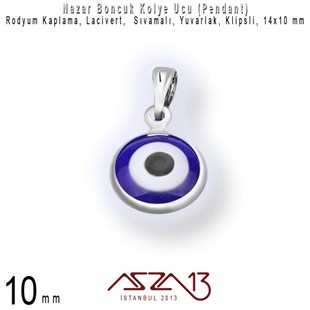 Rodyum Kaplamalı - 10 mm, Yuvarlak, Klipsli - Epoksi Nazar Boncuk Kolye Ucu (Pendant) / 1 Adet
