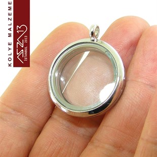 Rodyum Kapl. Yuvarlak Şekilli Mıknatıs Kilitli Kolye Ucu (Locket Pendant)