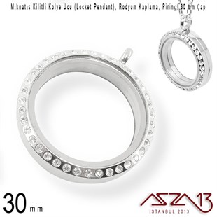 30 mm Rodyum,  Kristal Taşlı, Yuvarlak, Mıknatıs Kilitli Kolye Ucu (Locket Pendant)