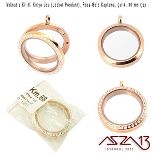 30 mm Rose Altın, Kristal Taşlı, Yuvarlak, Mıknatıs Kilitli Kolye Ucu (Locket Pendant)