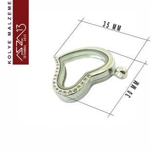 Rodyum Kapl. Kalp Şekilli Kristal Taşlı Mıknatıs Kilitli Kolye Ucu (Locket Pendant)