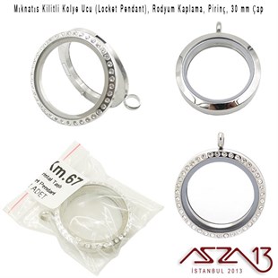 30 mm Rodyum,  Kristal Taşlı, Yuvarlak, Mıknatıs Kilitli Kolye Ucu (Locket Pendant)