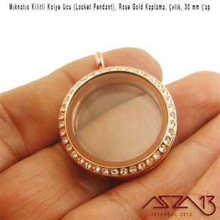 30 mm Rose Altın, Kristal Taşlı, Yuvarlak, Mıknatıs Kilitli Kolye Ucu (Locket Pendant)