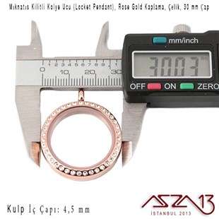 30 mm Rose Altın, Kristal Taşlı, Yuvarlak, Mıknatıs Kilitli Kolye Ucu (Locket Pendant)