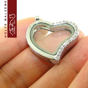 Rodyum Kapl. Kalp Şekilli Kristal Taşlı Mıknatıs Kilitli Kolye Ucu (Locket Pendant)