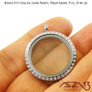 30 mm Rodyum,  Kristal Taşlı, Yuvarlak, Mıknatıs Kilitli Kolye Ucu (Locket Pendant)