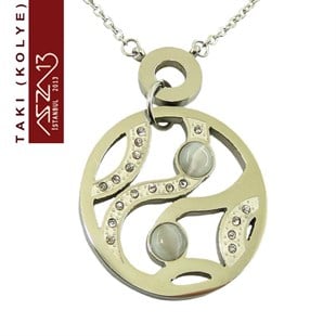 316 L Çelik Kristal Taşlı Yuvarlak Madalyon Kolye (Zincir Boyu 45 cm)