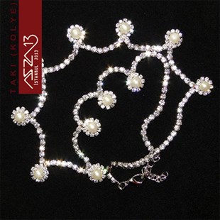 Gümüş Kaplama Kristal Taşlı İncili Kolye (Zincir Boyu 45 cm) Düğün Kolyesi