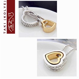 Platinyum ve Altın Kaplama Kristal Taşlı İkili Kalp Kolye (Zincir Boyu 40+5 cm)