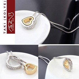 Platinyum ve Altın Kaplama Kristal Taşlı İkili Kalp Kolye (Zincir Boyu 40+5 cm)