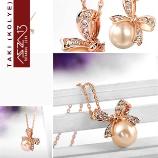 Rose Altın Kaplama Kristal Taşlı İnci Kolye (Zincir Boyu 45+5 cm)