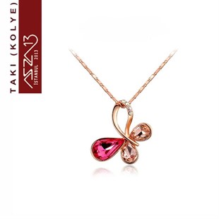 Rose Altın Kaplama Kristal Taşlı Kelebek Kolye (Zincir Boyu 45+5 cm)