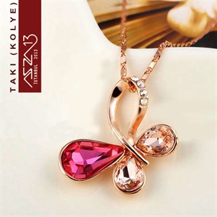Rose Altın Kaplama Kristal Taşlı Kelebek Kolye (Zincir Boyu 45+5 cm)