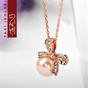 Rose Altın Kaplama Kristal Taşlı İnci Kolye (Zincir Boyu 45+5 cm)