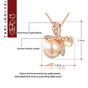 Rose Altın Kaplama Kristal Taşlı İnci Kolye (Zincir Boyu 45+5 cm)