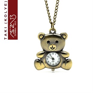 Saatli Bronz Ayıcık Kolye (Zincir Boyu 85 cm)