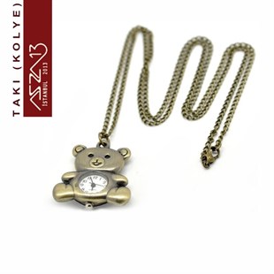 Saatli Bronz Ayıcık Kolye (Zincir Boyu 85 cm)