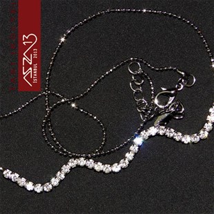 Saten Nikel Kaplama Kristal Taşlı Sinüs Kolye (Zincir Boyu 45 cm) Düğün Kolyesi