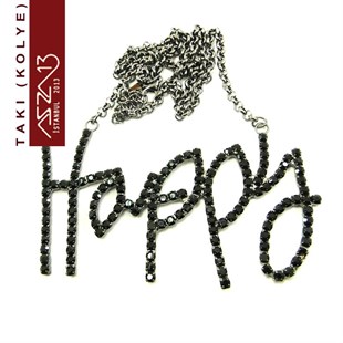 Siyah Nikel Kaplama Siyah (Jet) Taşlı Happy Kolye (Zincir Boyu 45 cm) Düğün Kolyesi