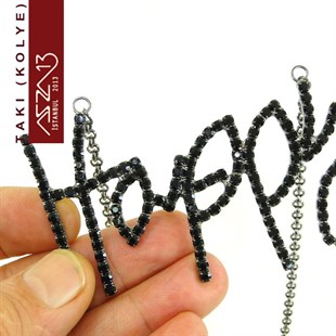 Siyah Nikel Kaplama Siyah (Jet) Taşlı Happy Kolye (Zincir Boyu 45 cm) Düğün Kolyesi