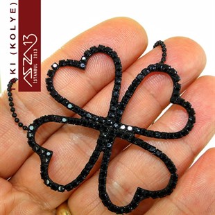 Siyah Nikel Kaplama Siyah (Jet) Taşlı Yonca Kolye (Zincir Boyu 45 cm) Düğün Kolyesi